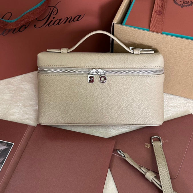 LORO PIANA EXTRA POCKET L19 IN DESERT BROWN GRAINED CALFSKIN WITH SILVER HARDWARE
