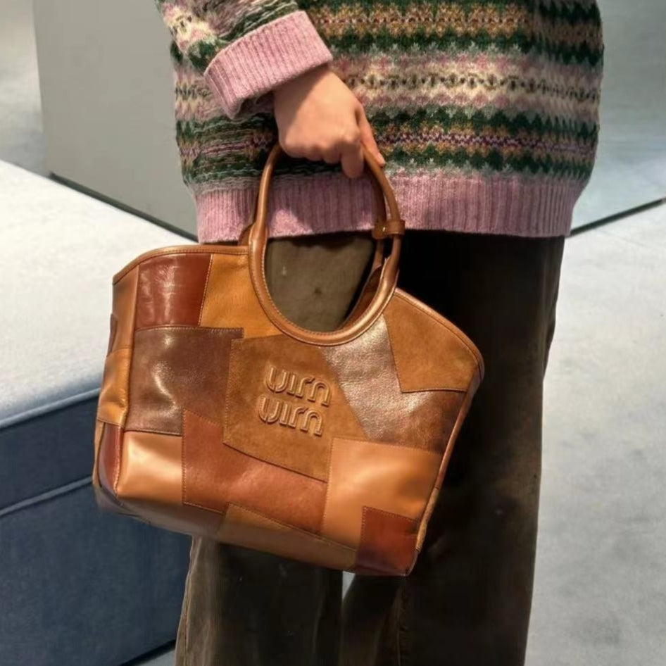MIU MIU HOBO 28 BAG IN COGNAC LEATHER PATCHWORK