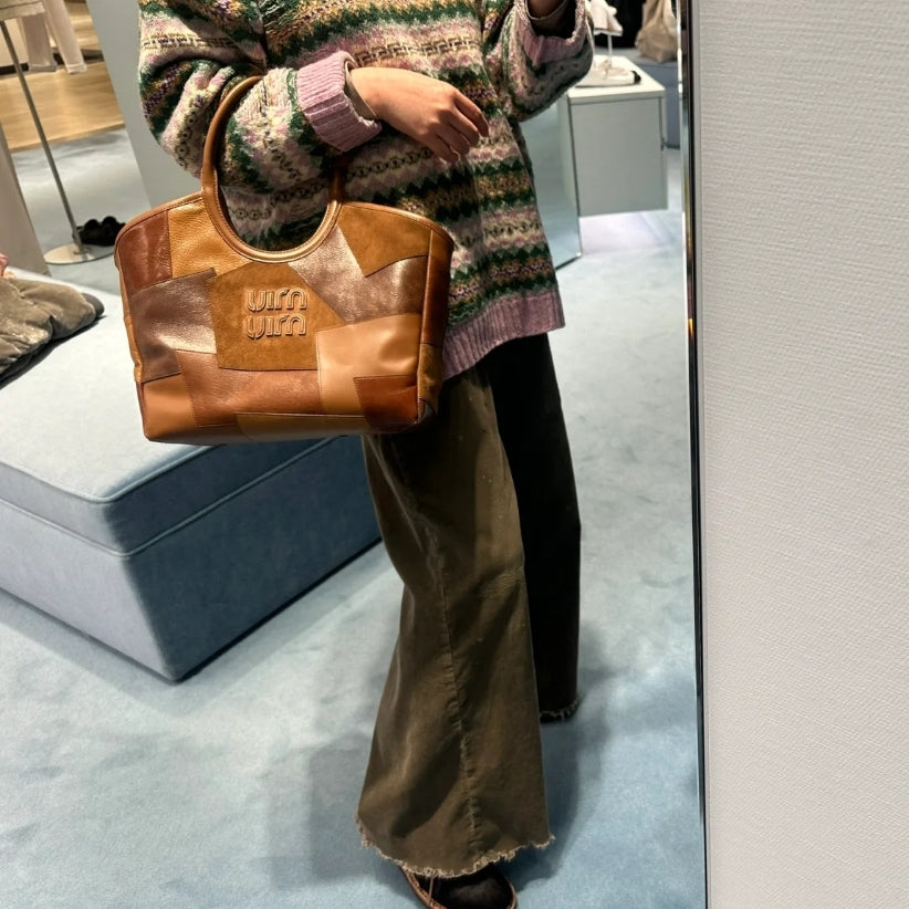 MIU MIU HOBO 28 BAG IN COGNAC LEATHER PATCHWORK