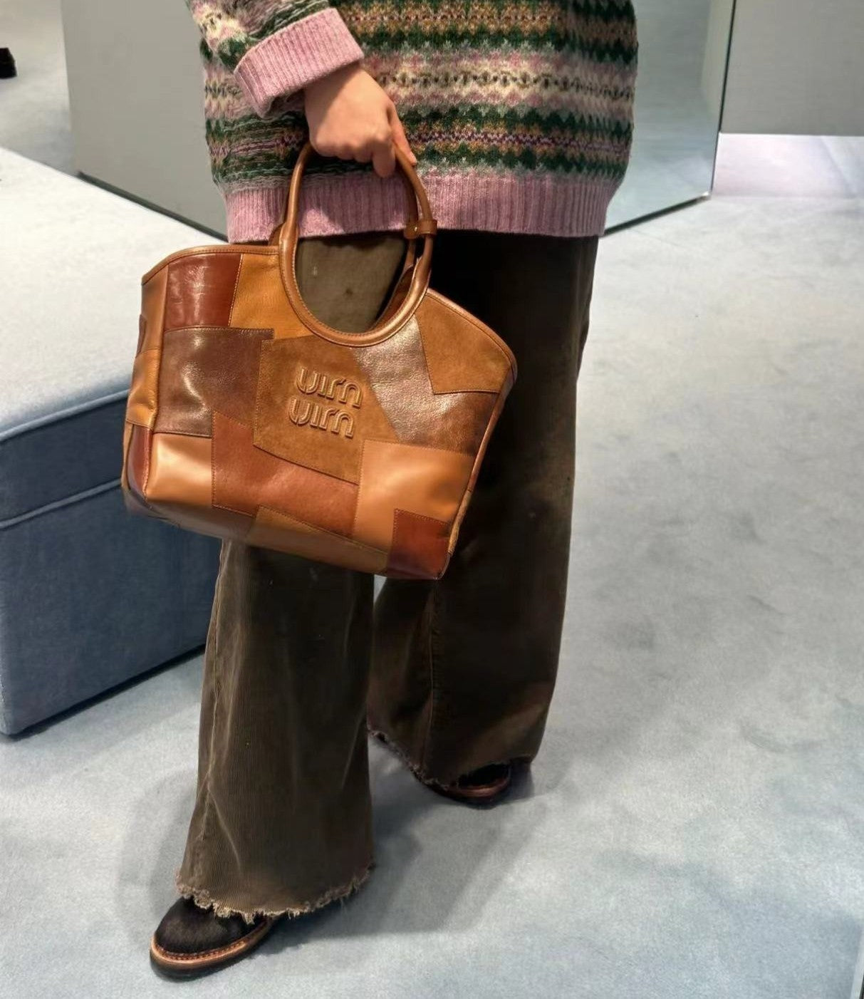 MIU MIU HOBO 28 BAG IN COGNAC LEATHER PATCHWORK
