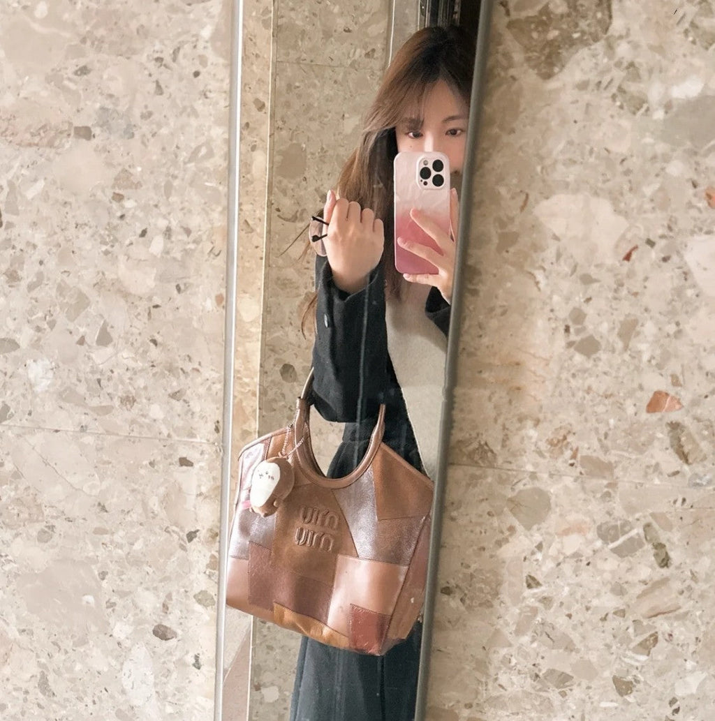 MIU MIU HOBO 28 BAG IN COGNAC LEATHER PATCHWORK