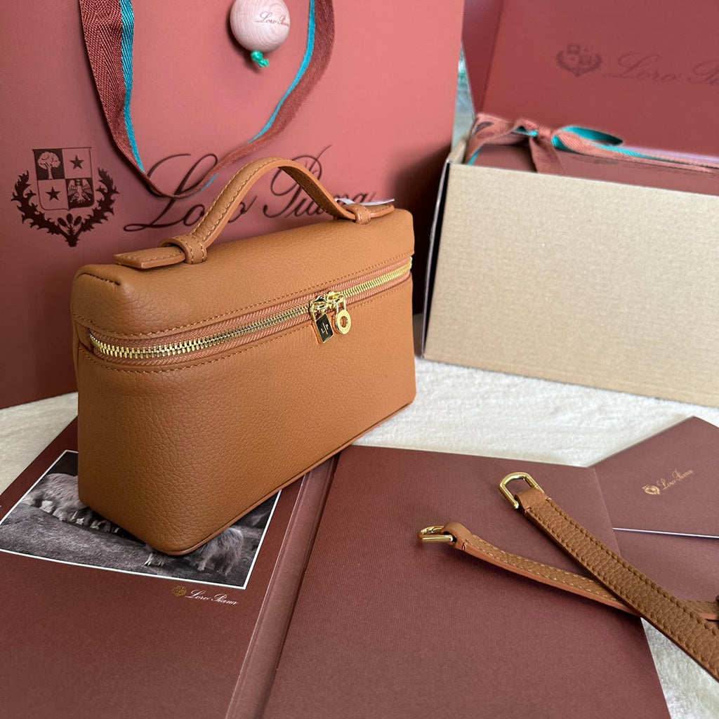 LORO PIANA EXTRA POCKET L19 IN BRONZE BROWN GRAINED CALFSKIN WITH GOLD HARDWARE