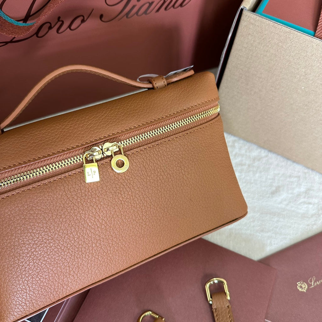 LORO PIANA EXTRA POCKET L19 IN BRONZE BROWN GRAINED CALFSKIN WITH GOLD HARDWARE