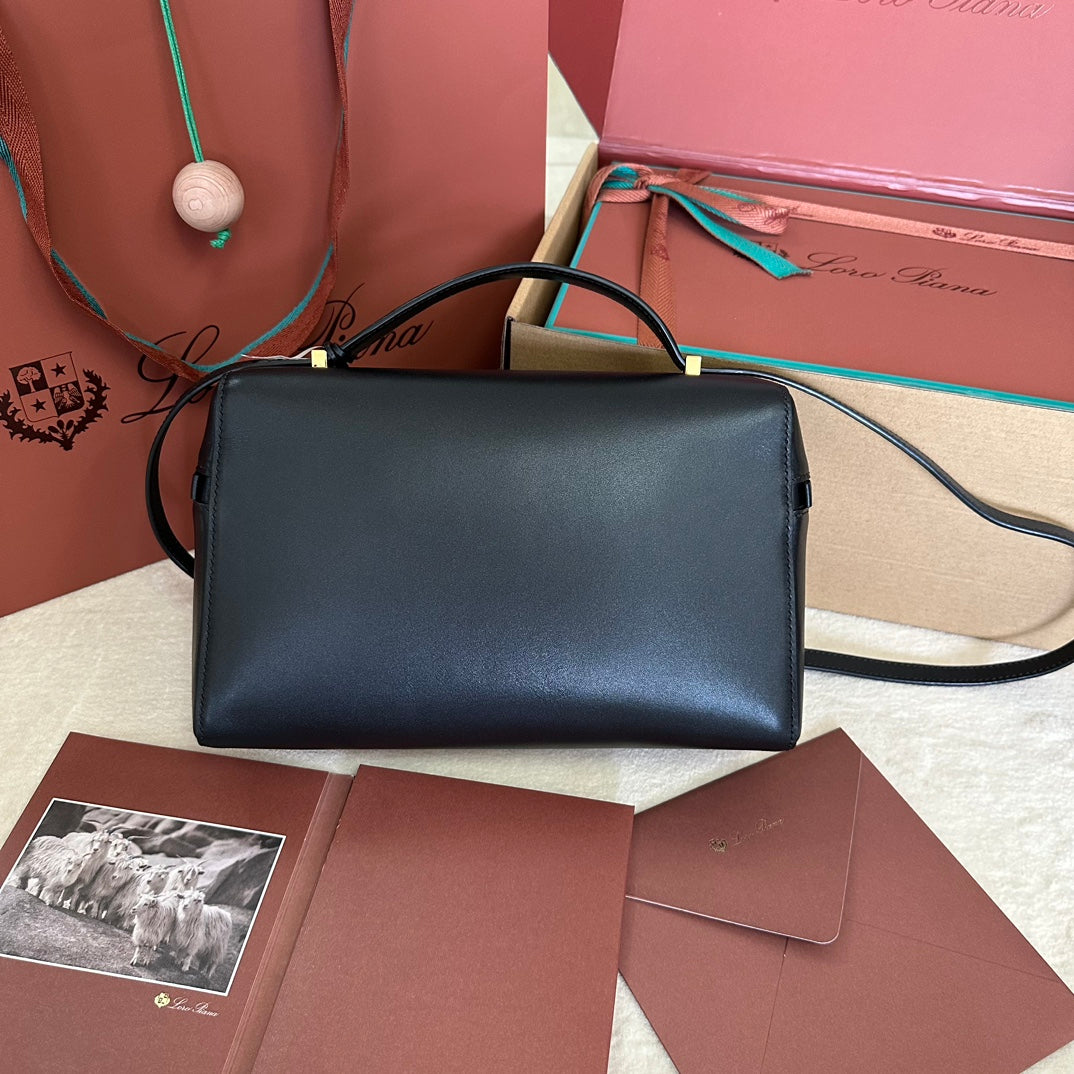 LORO PIANA EXTRA BAG L27 IN BLACK SMOOTH CALFSKIN WITH GOLD HARDWARE