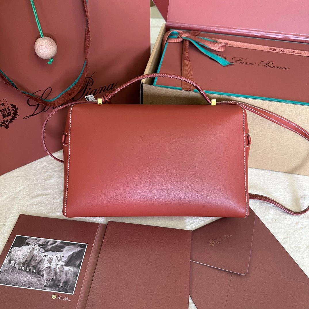 LORO PIANA EXTRA BAG L27 IN MARS RED SMOOTH CALFSKIN WITH GOLD HARDWARE
