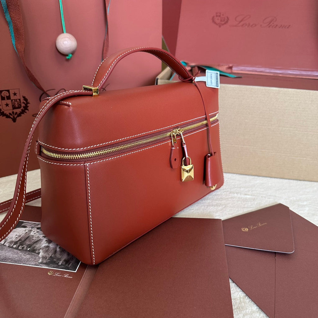 LORO PIANA EXTRA BAG L27 IN MARS RED SMOOTH CALFSKIN WITH GOLD HARDWARE
