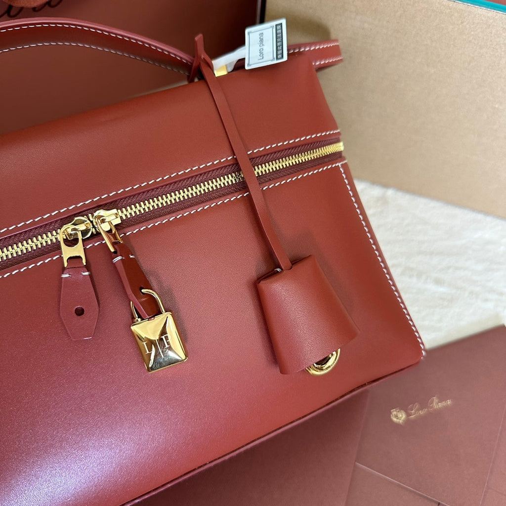 LORO PIANA EXTRA BAG L27 IN MARS RED SMOOTH CALFSKIN WITH GOLD HARDWARE