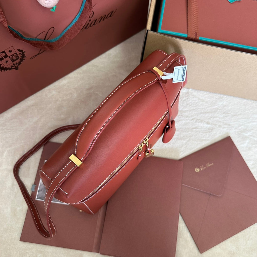 LORO PIANA EXTRA BAG L27 IN MARS RED SMOOTH CALFSKIN WITH GOLD HARDWARE
