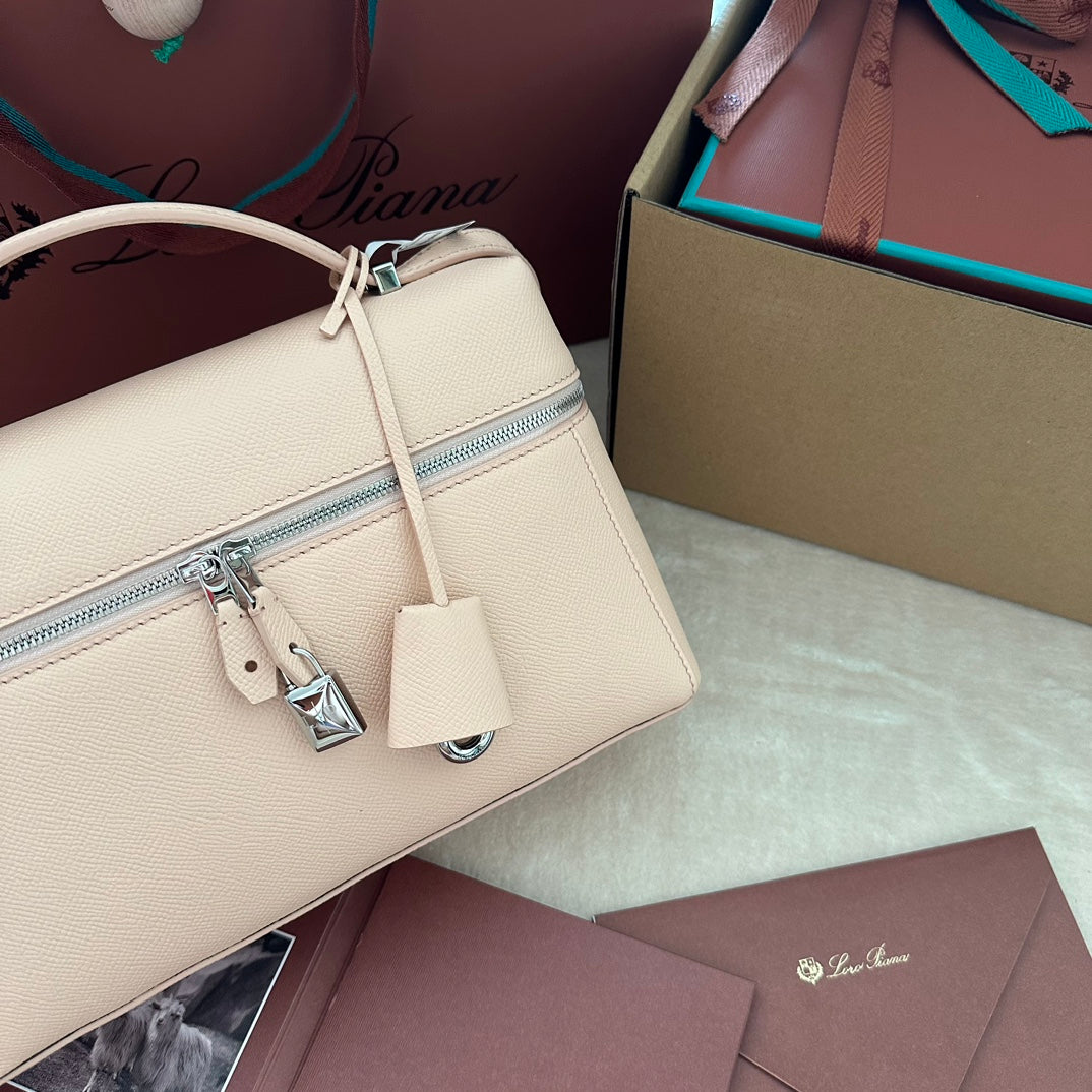 LORO PIANA EXTRA BAG L27 IN PEACH PINK SMOOTH CALFSKIN WITH SILVER HARDWARE