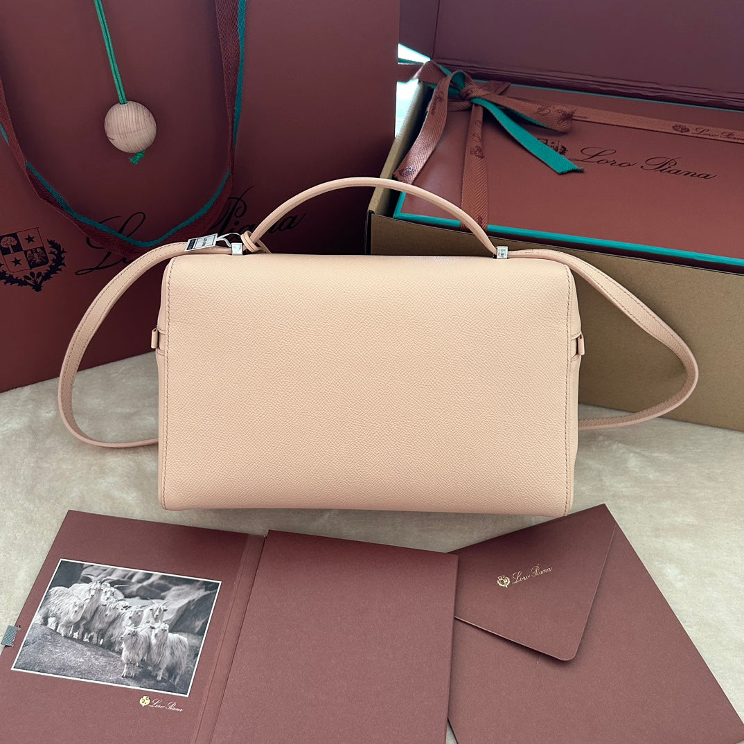 LORO PIANA EXTRA BAG L27 IN PEACH PINK SMOOTH CALFSKIN WITH SILVER HARDWARE