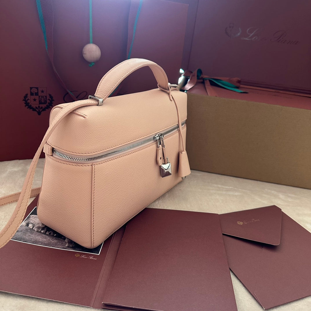 LORO PIANA EXTRA BAG L27 IN PEACH PINK SMOOTH CALFSKIN WITH SILVER HARDWARE