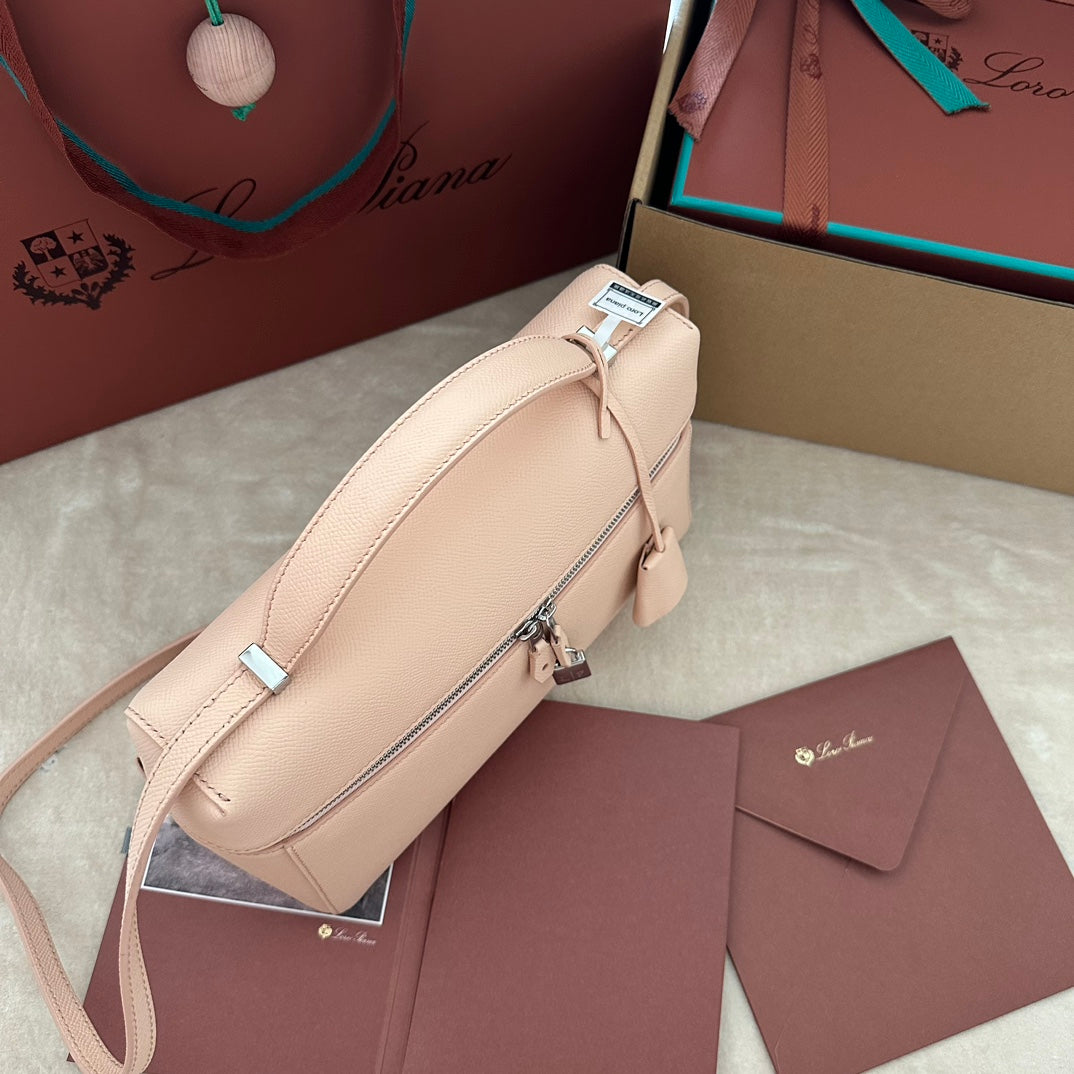 LORO PIANA EXTRA BAG L27 IN PEACH PINK SMOOTH CALFSKIN WITH SILVER HARDWARE