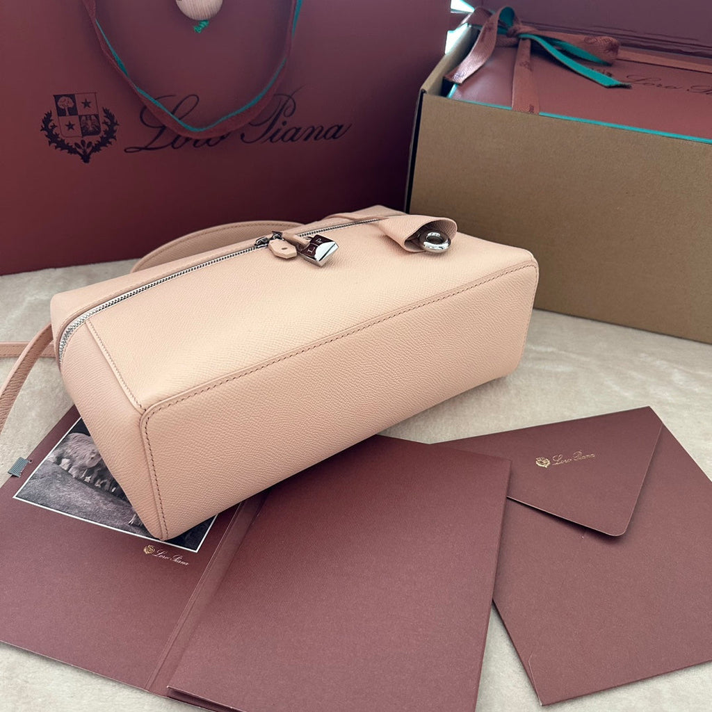 LORO PIANA EXTRA BAG L27 IN PEACH PINK SMOOTH CALFSKIN WITH SILVER HARDWARE