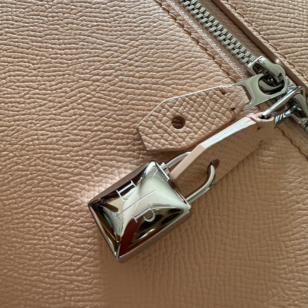LORO PIANA EXTRA BAG L27 IN PEACH PINK SMOOTH CALFSKIN WITH SILVER HARDWARE