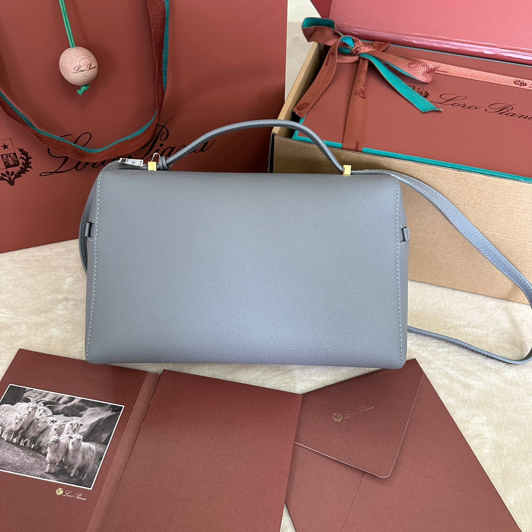 LORO PIANA EXTRA BAG L27 IN COOL GRAY SMOOTH CALFSKIN WITH GOLD HARDWARE