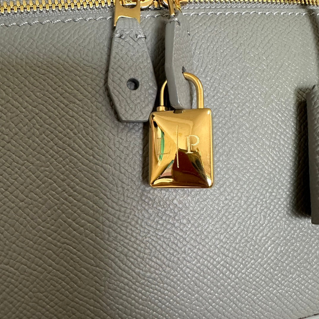 LORO PIANA EXTRA BAG L27 IN COOL GRAY SMOOTH CALFSKIN WITH GOLD HARDWARE