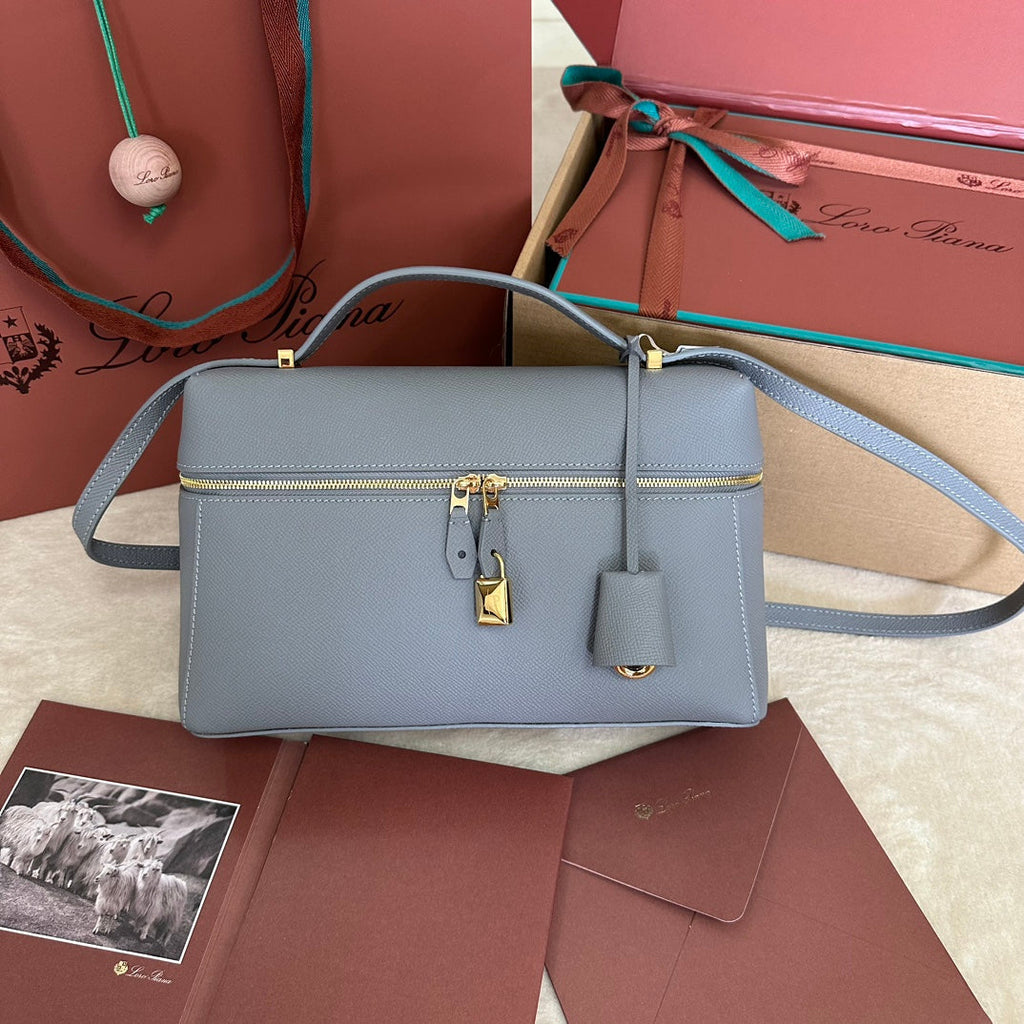 LORO PIANA EXTRA BAG L27 IN COOL GRAY SMOOTH CALFSKIN WITH GOLD HARDWARE