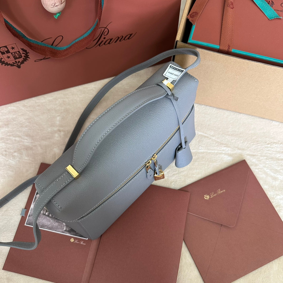 LORO PIANA EXTRA BAG L27 IN COOL GRAY SMOOTH CALFSKIN WITH GOLD HARDWARE