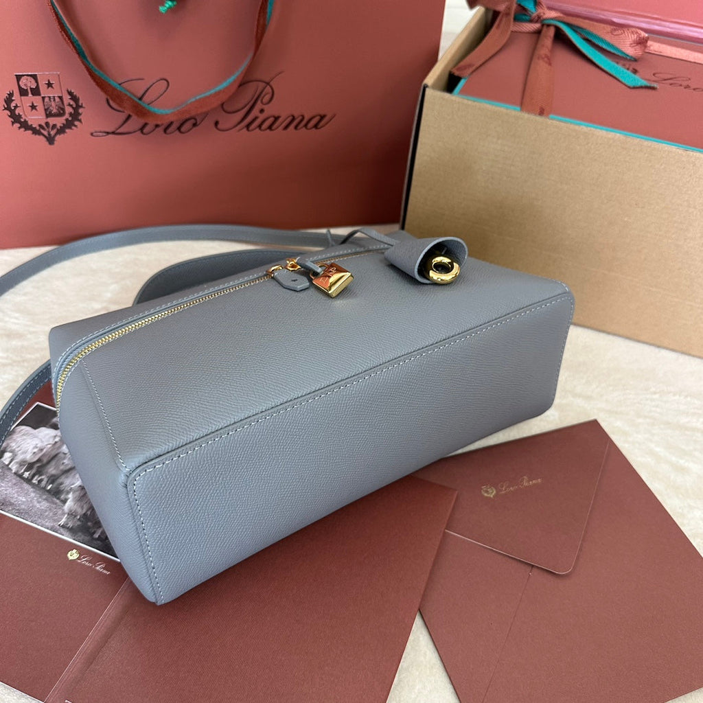 LORO PIANA EXTRA BAG L27 IN COOL GRAY SMOOTH CALFSKIN WITH GOLD HARDWARE