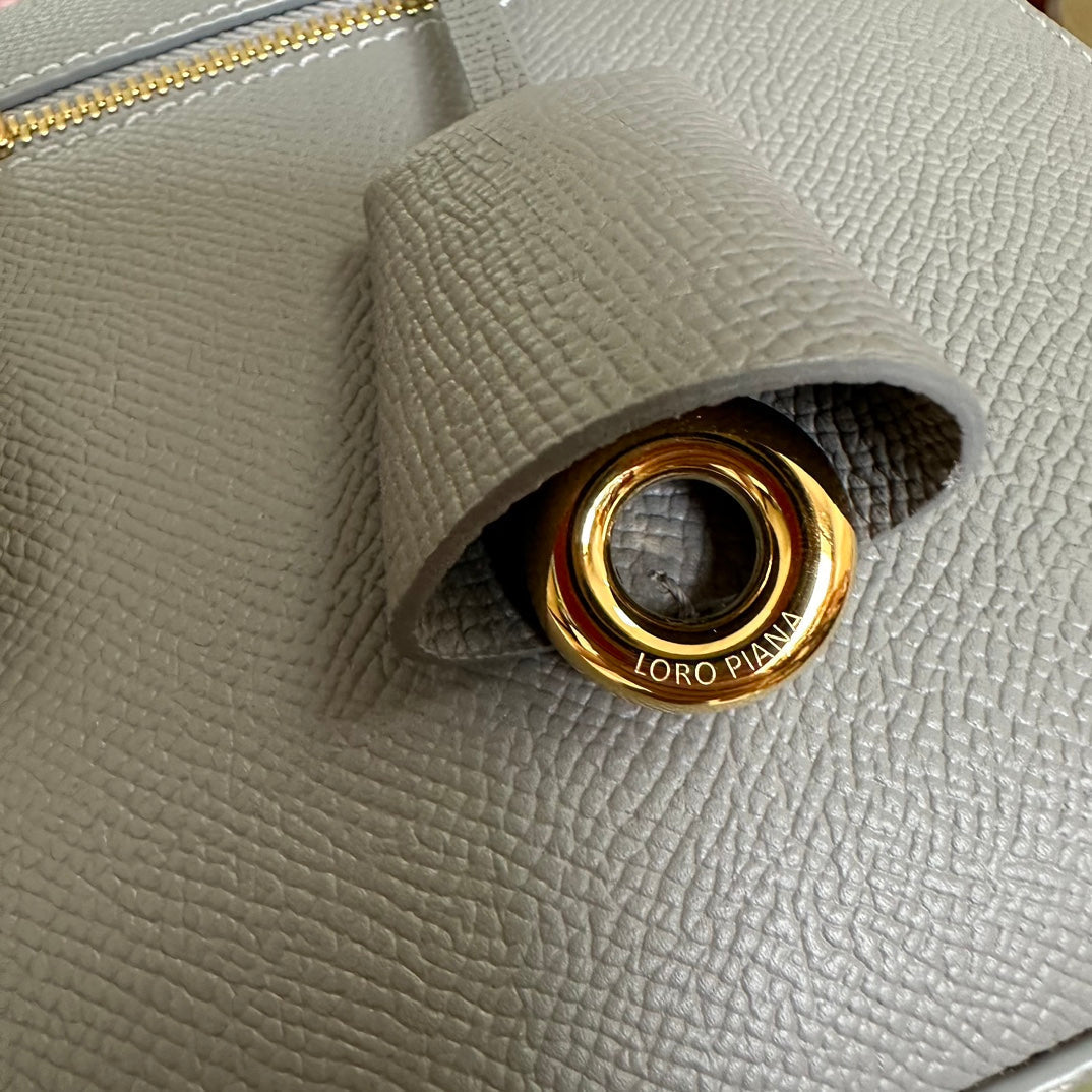 LORO PIANA EXTRA BAG L27 IN COOL GRAY SMOOTH CALFSKIN WITH GOLD HARDWARE