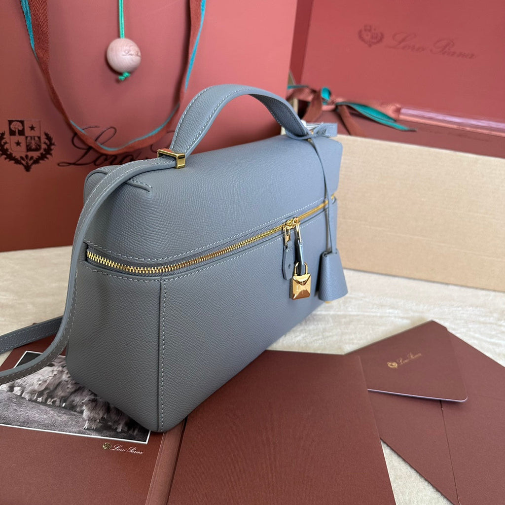 LORO PIANA EXTRA BAG L27 IN COOL GRAY SMOOTH CALFSKIN WITH GOLD HARDWARE
