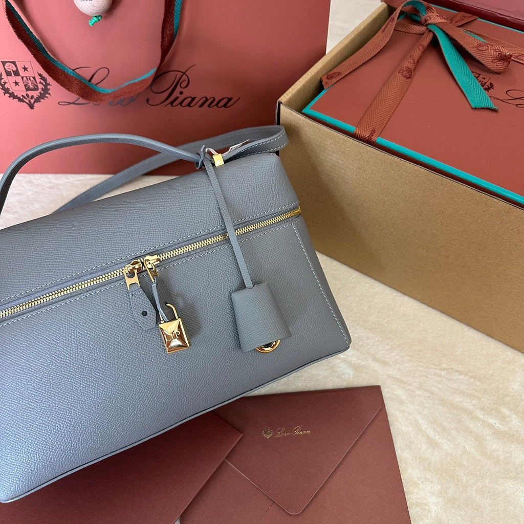 LORO PIANA EXTRA BAG L27 IN COOL GRAY SMOOTH CALFSKIN WITH GOLD HARDWARE