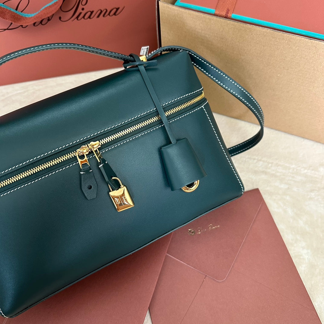 LORO PIANA EXTRA BAG L27 IN PEACOCK BLUE SMOOTH CALFSKIN WITH GOLD HARDWARE