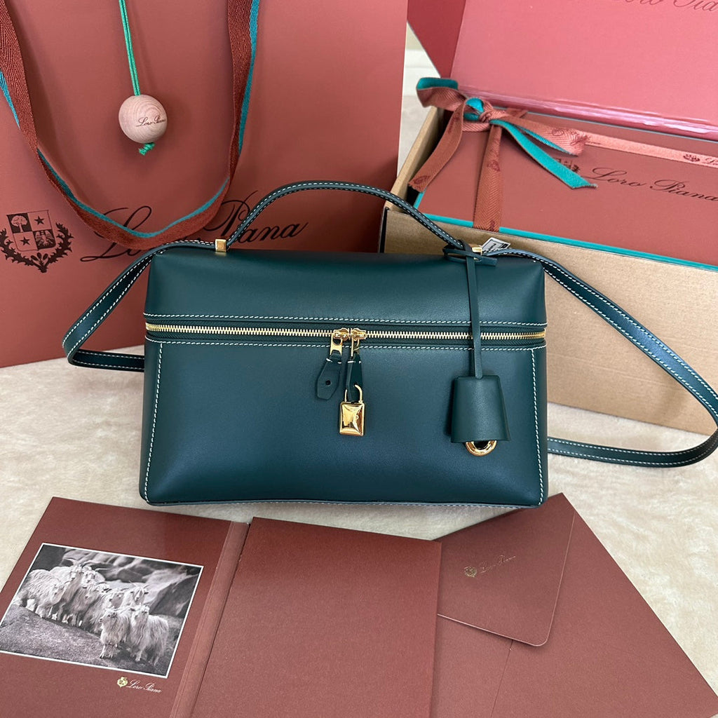 LORO PIANA EXTRA BAG L27 IN PEACOCK BLUE SMOOTH CALFSKIN WITH GOLD HARDWARE