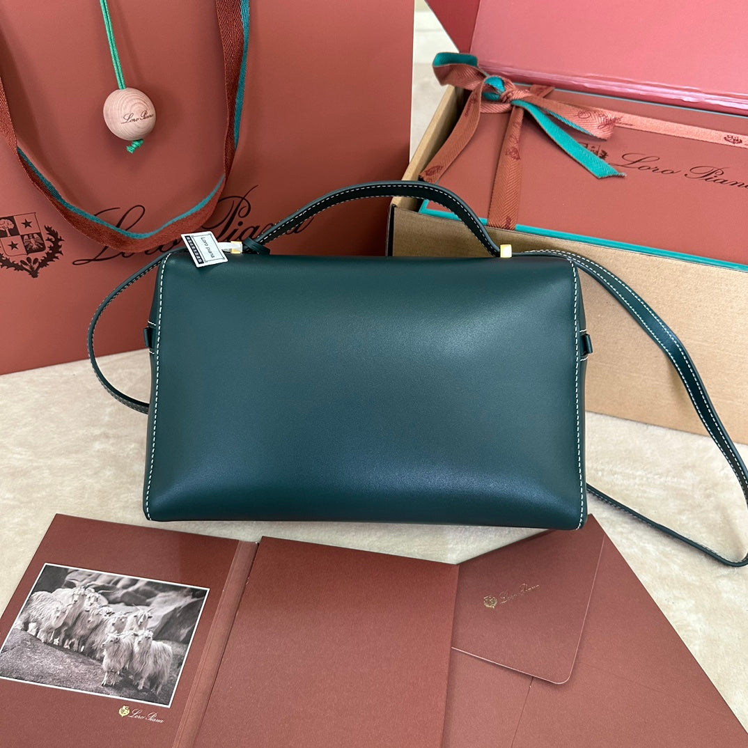 LORO PIANA EXTRA BAG L27 IN PEACOCK BLUE SMOOTH CALFSKIN WITH GOLD HARDWARE