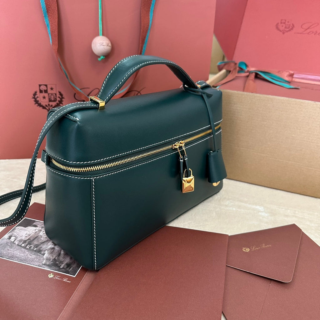 LORO PIANA EXTRA BAG L27 IN PEACOCK BLUE SMOOTH CALFSKIN WITH GOLD HARDWARE
