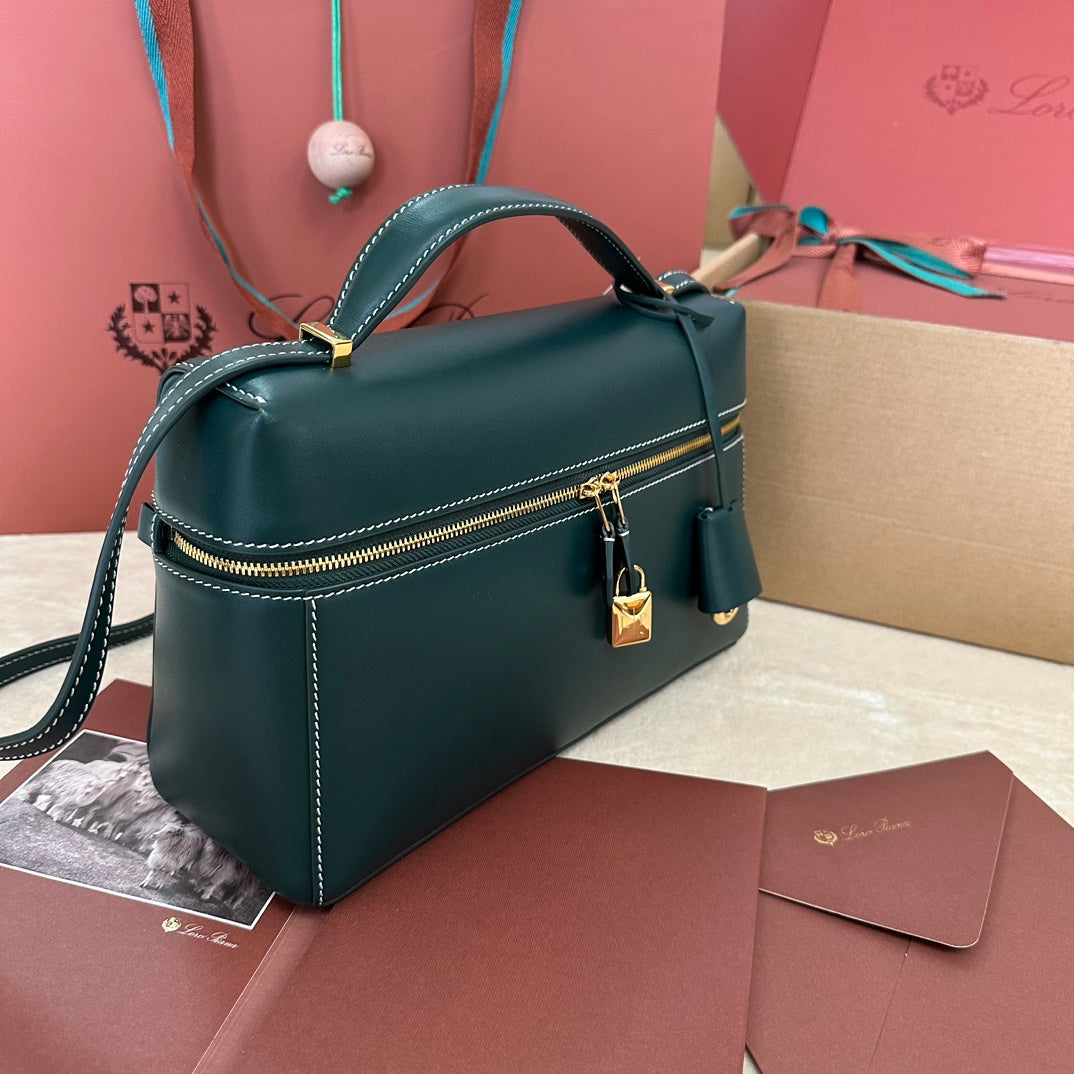 LORO PIANA EXTRA BAG L27 IN PEACOCK BLUE SMOOTH CALFSKIN WITH GOLD HARDWARE