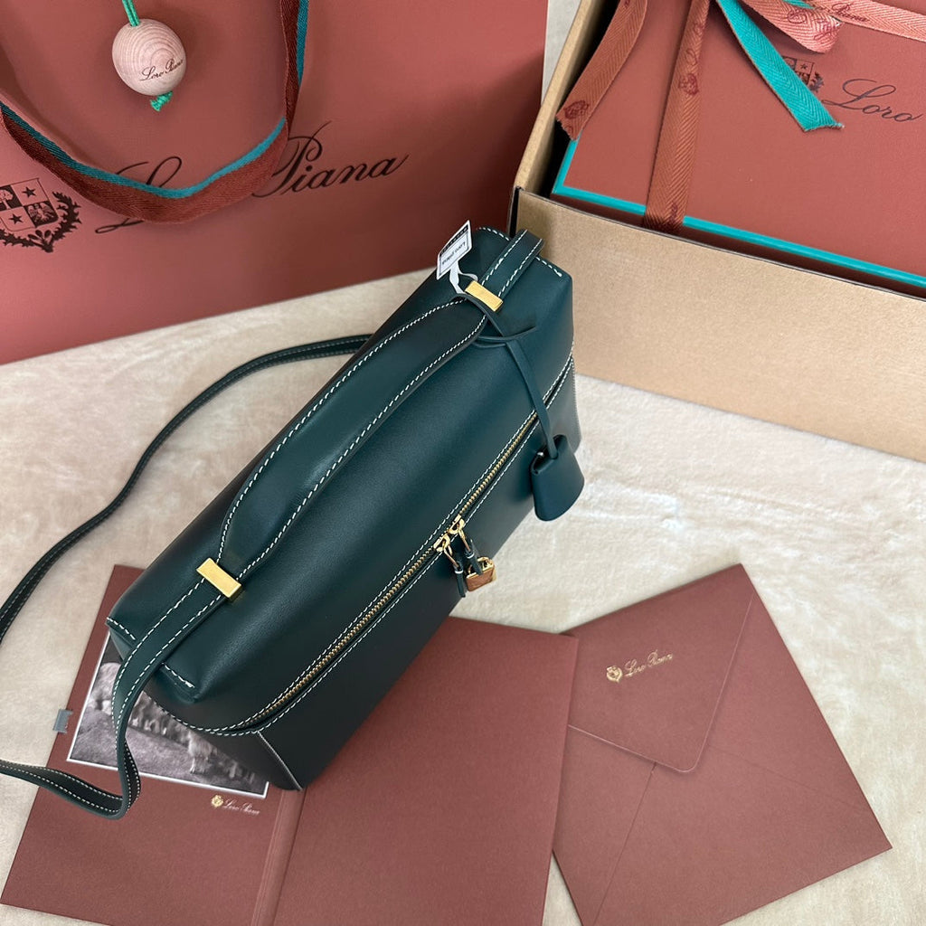 LORO PIANA EXTRA BAG L27 IN PEACOCK BLUE SMOOTH CALFSKIN WITH GOLD HARDWARE