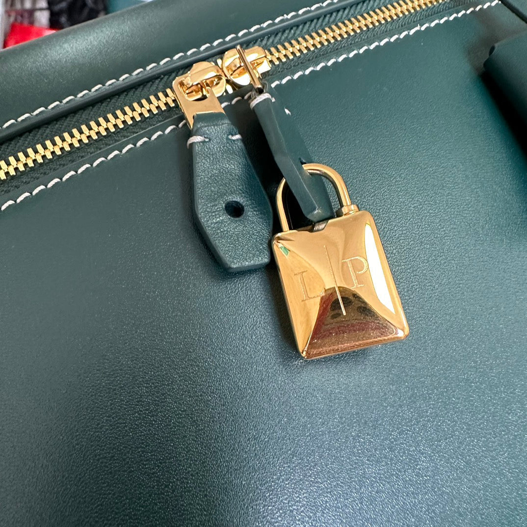 LORO PIANA EXTRA BAG L27 IN PEACOCK BLUE SMOOTH CALFSKIN WITH GOLD HARDWARE