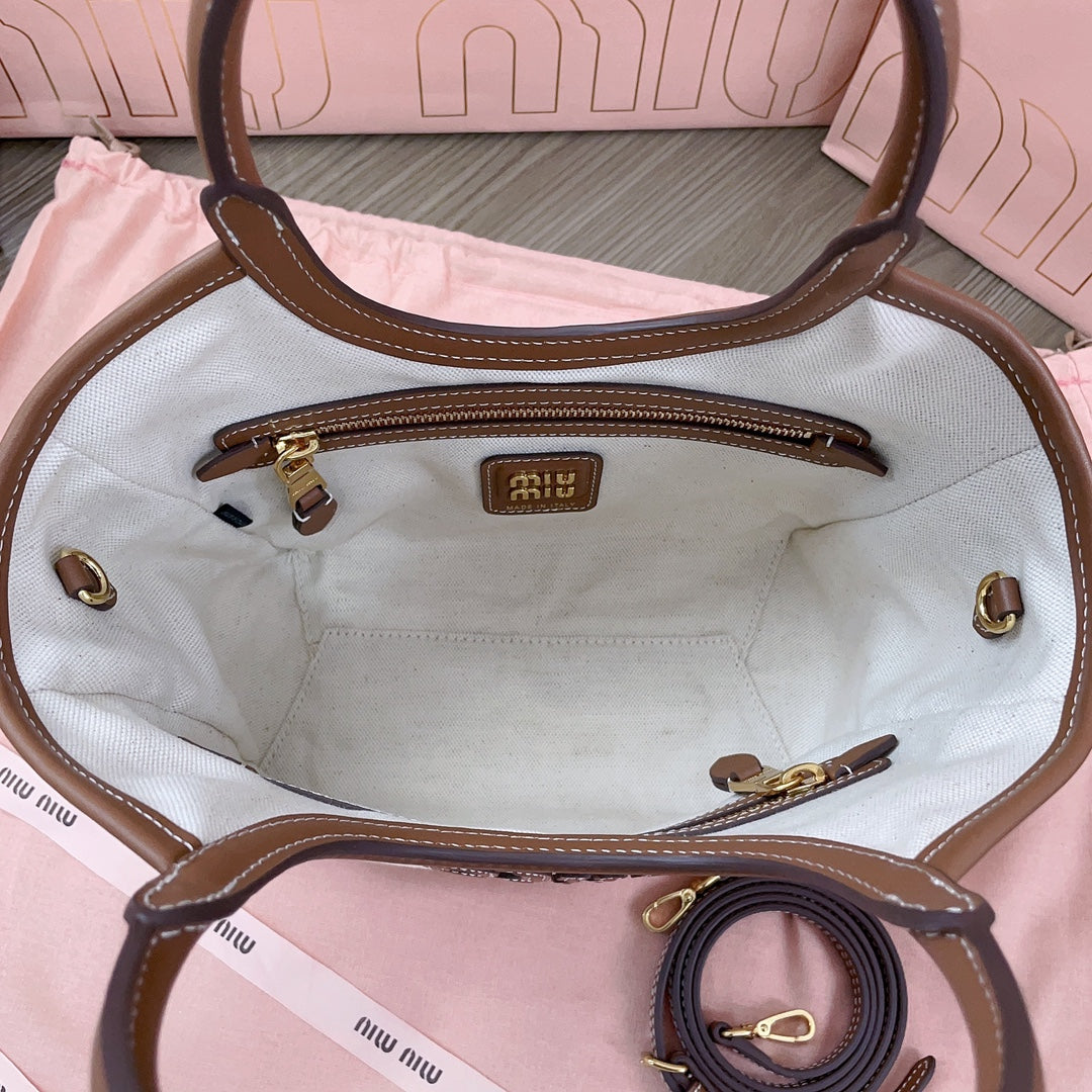 MIU MIU SMALL TOTE BAG 22 IN WHITE CANVAS AND BROWN CALFSKIN TRIM