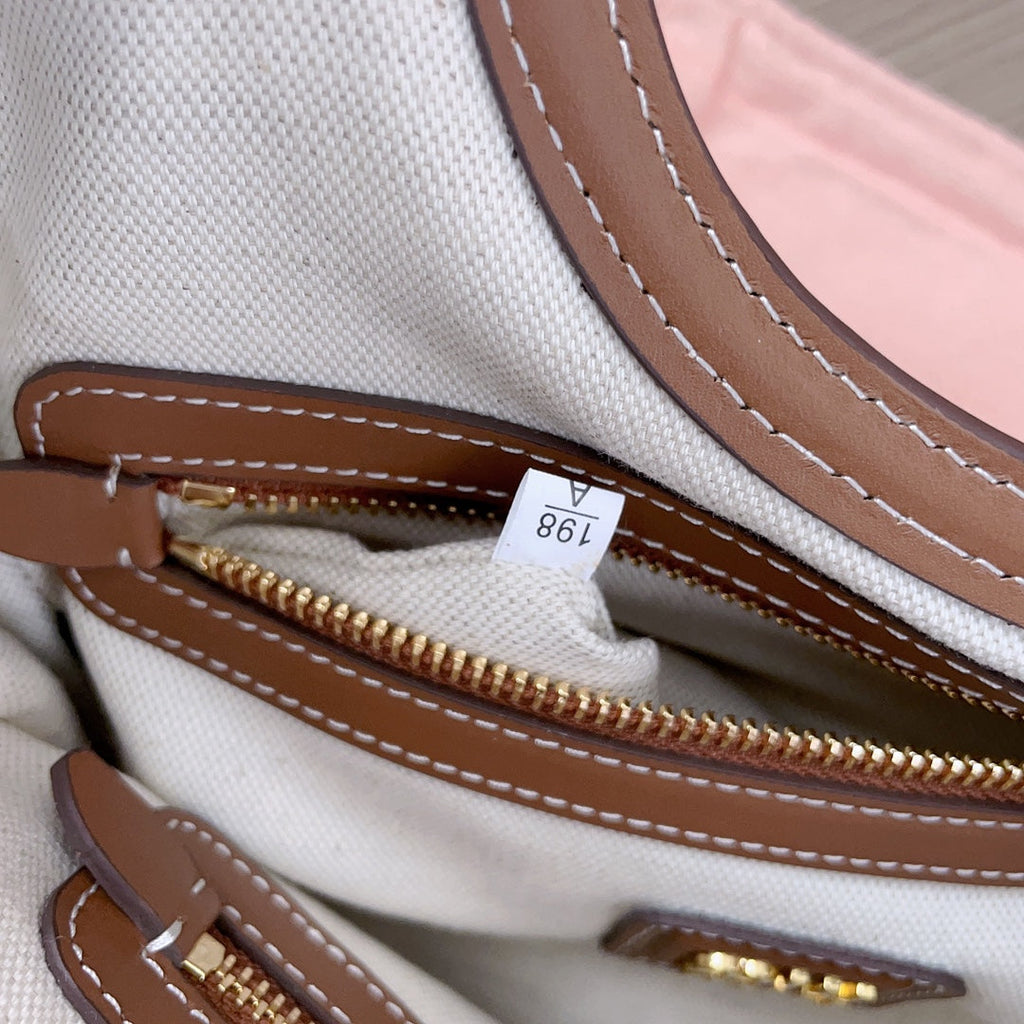 MIU MIU SMALL TOTE BAG 22 IN WHITE CANVAS AND BROWN CALFSKIN TRIM