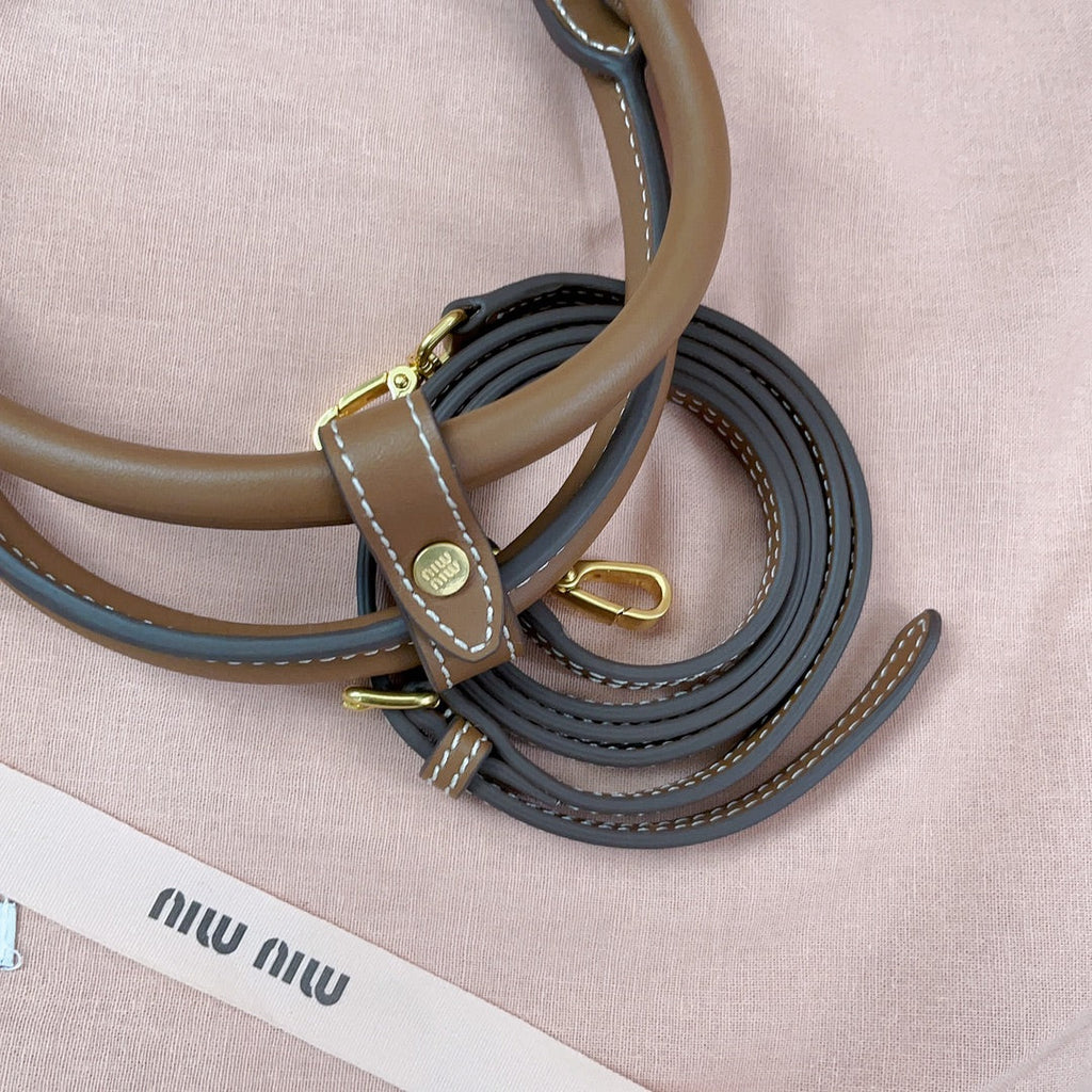 MIU MIU SMALL TOTE BAG 22 IN WHITE CANVAS AND BROWN CALFSKIN TRIM
