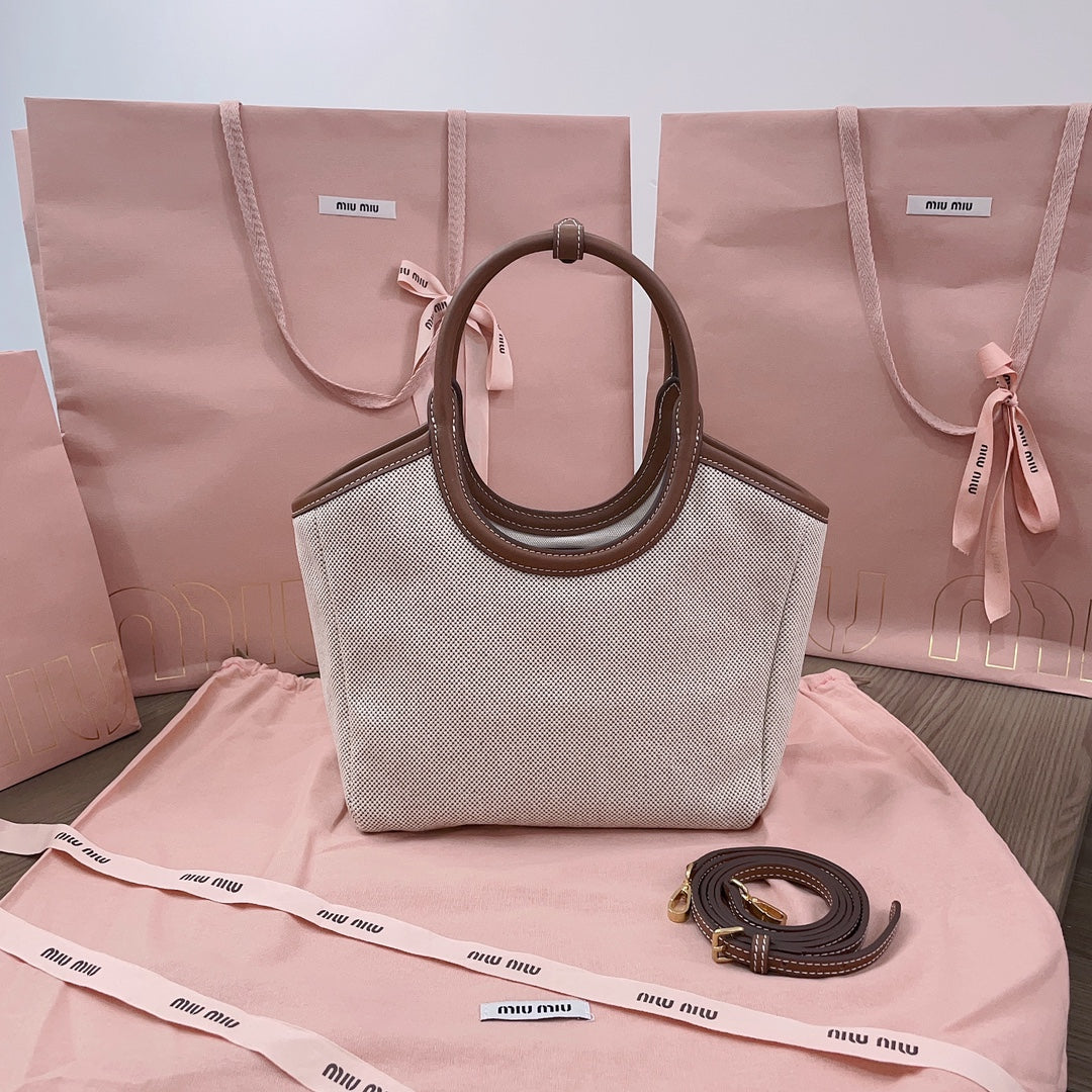 MIU MIU SMALL TOTE BAG 22 IN WHITE CANVAS AND BROWN CALFSKIN TRIM