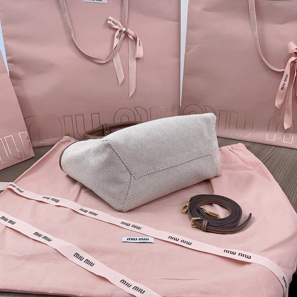 MIU MIU SMALL TOTE BAG 22 IN WHITE CANVAS AND BROWN CALFSKIN TRIM