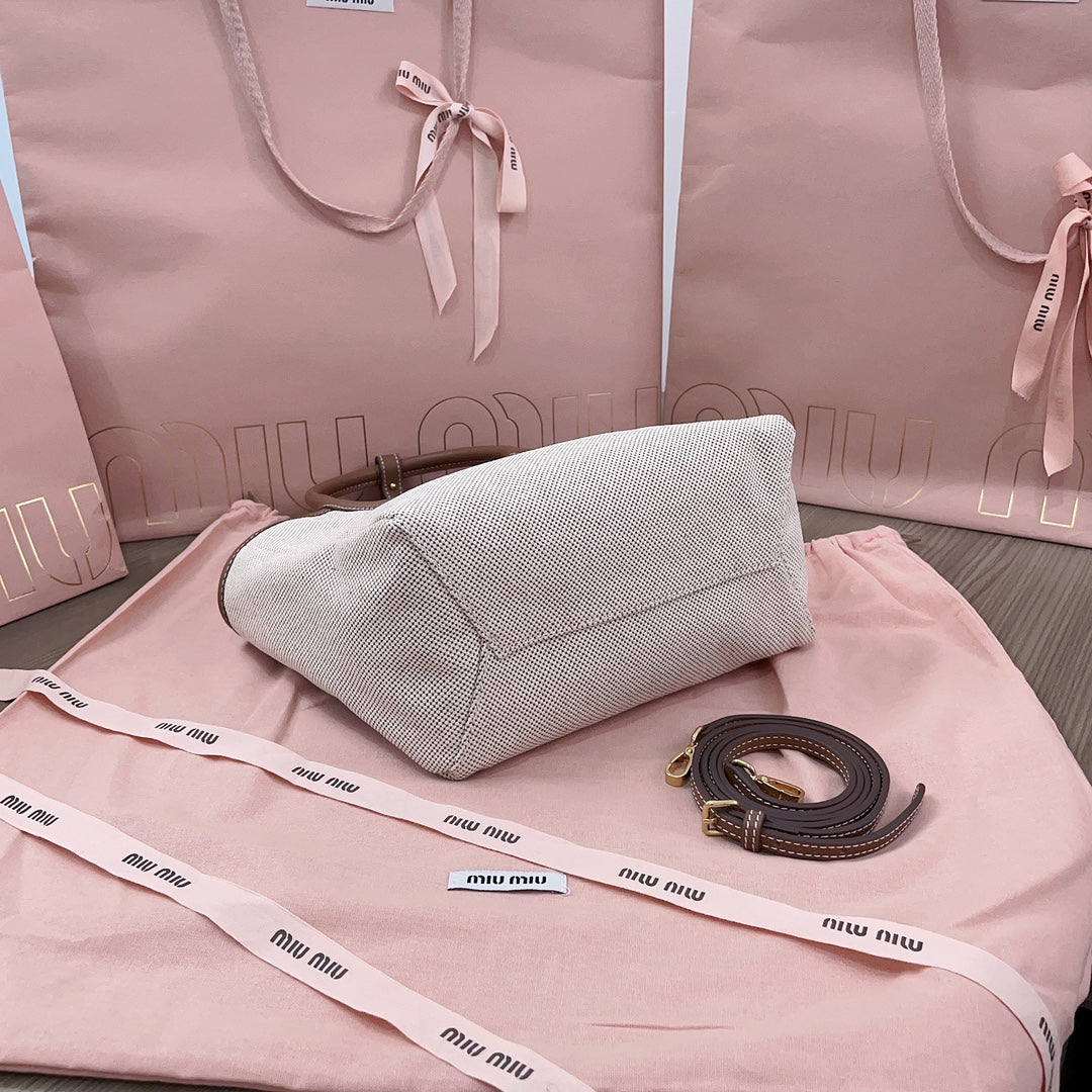 MIU MIU SMALL TOTE BAG 22 IN WHITE CANVAS AND BROWN CALFSKIN TRIM