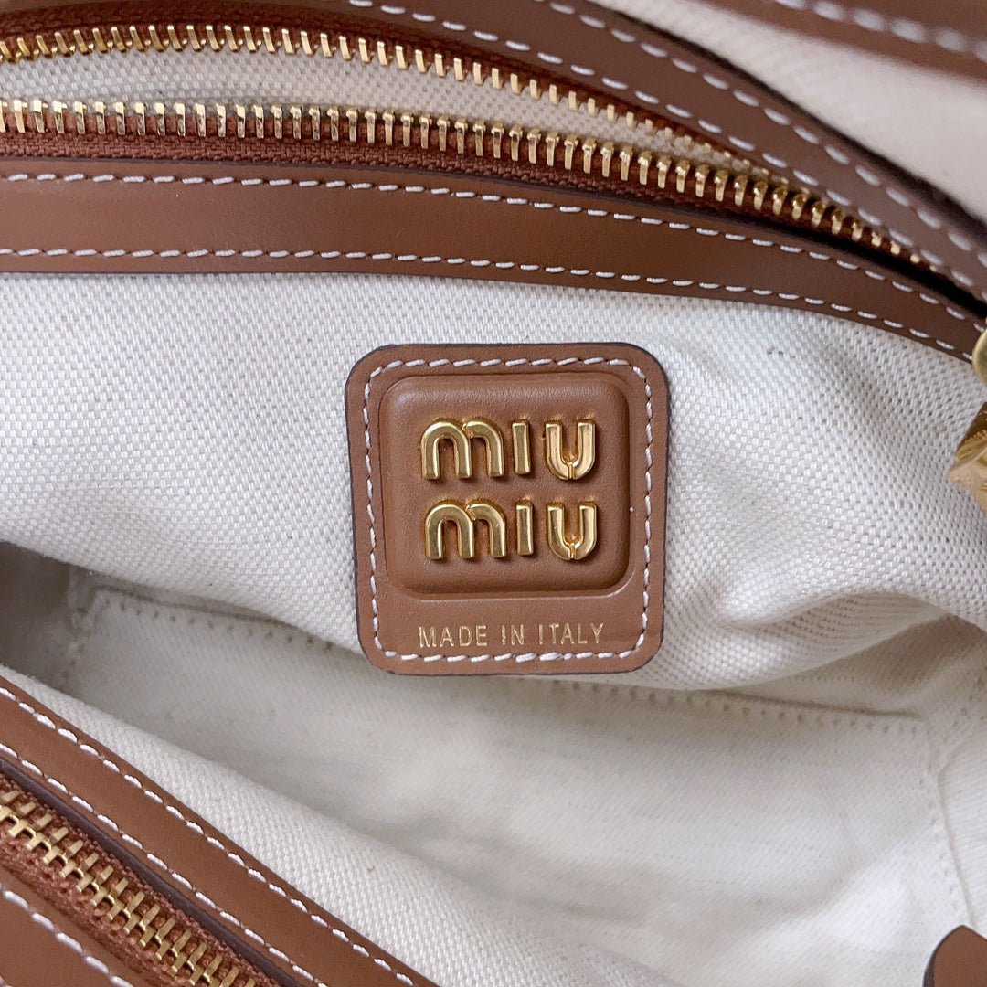 MIU MIU SMALL TOTE BAG 22 IN WHITE CANVAS AND BROWN CALFSKIN TRIM