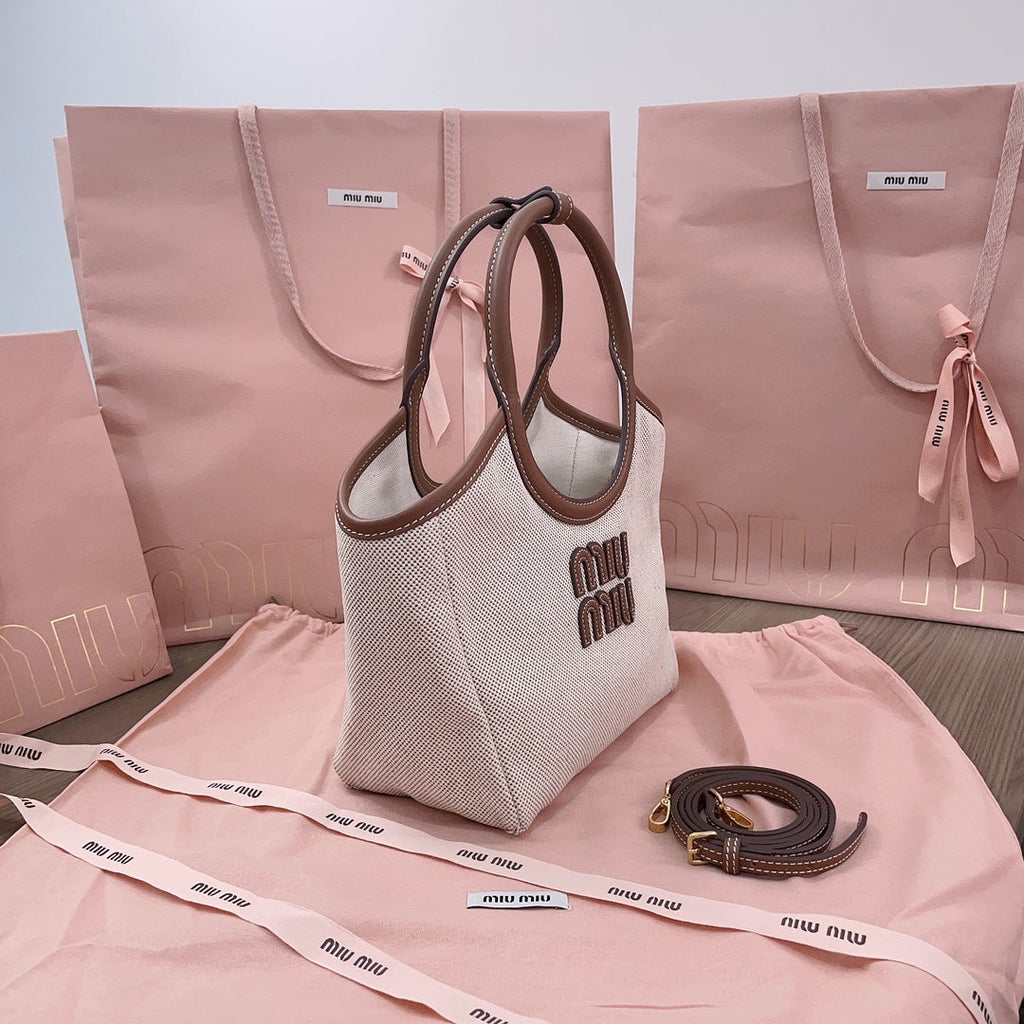 MIU MIU SMALL TOTE BAG 22 IN WHITE CANVAS AND BROWN CALFSKIN TRIM