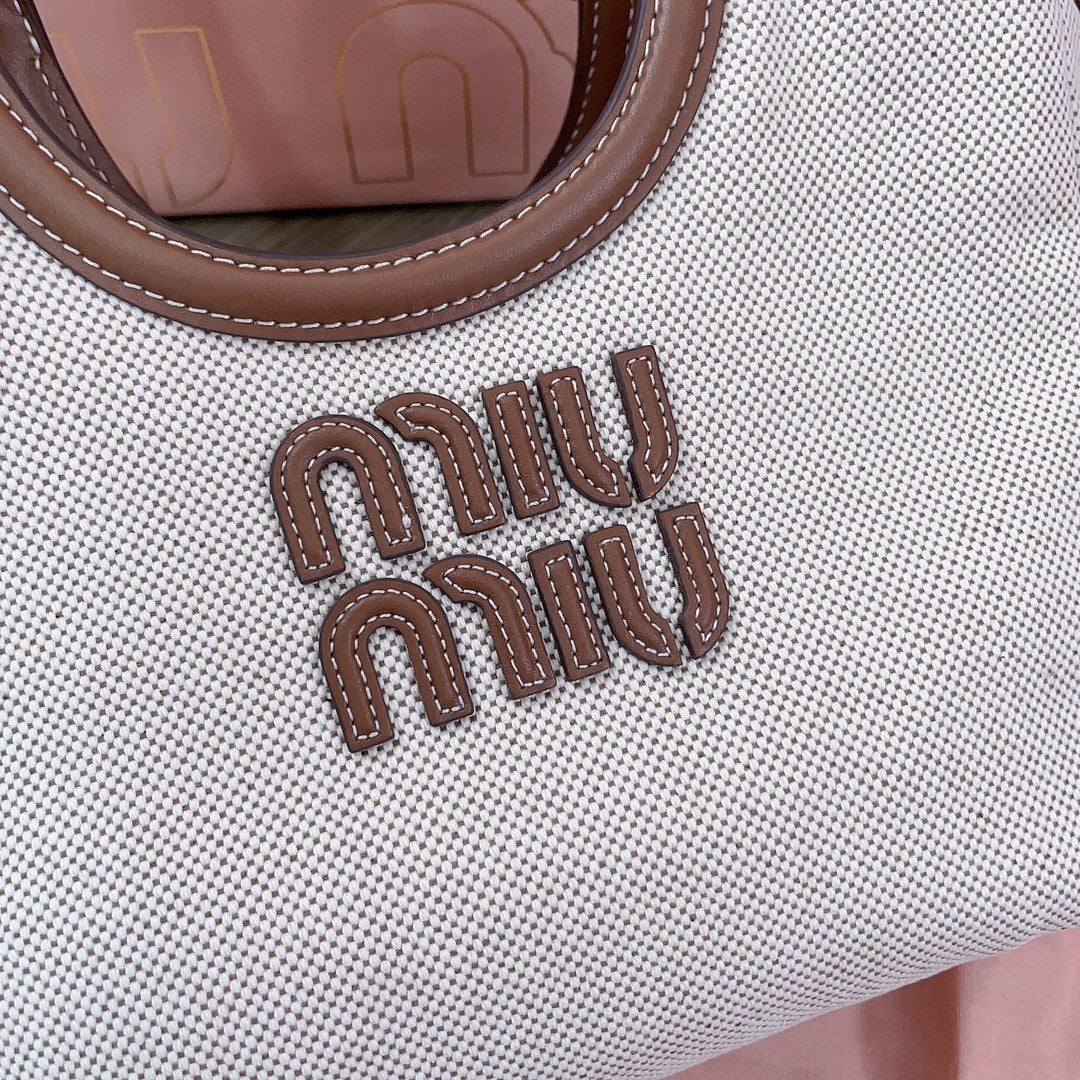 MIU MIU SMALL TOTE BAG 22 IN WHITE CANVAS AND BROWN CALFSKIN TRIM