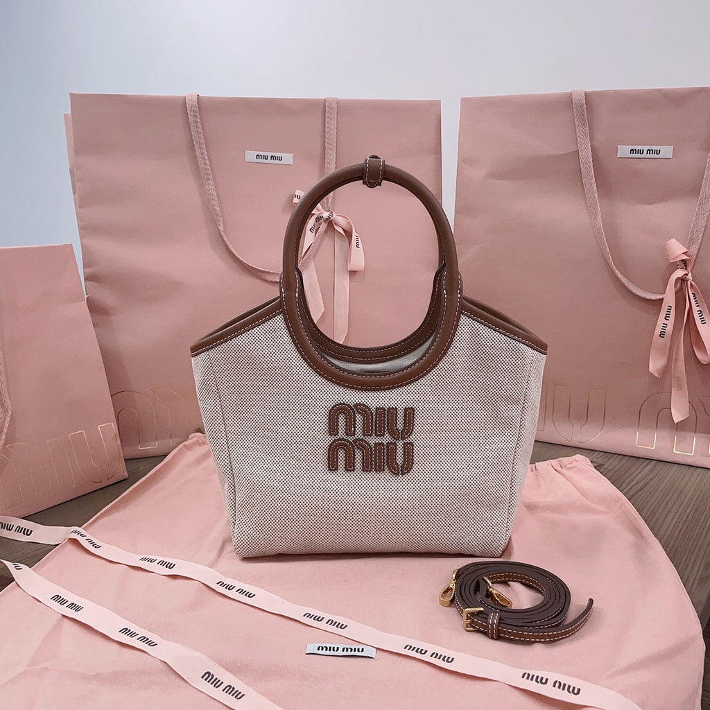 MIU MIU SMALL TOTE BAG 22 IN WHITE CANVAS AND BROWN CALFSKIN TRIM