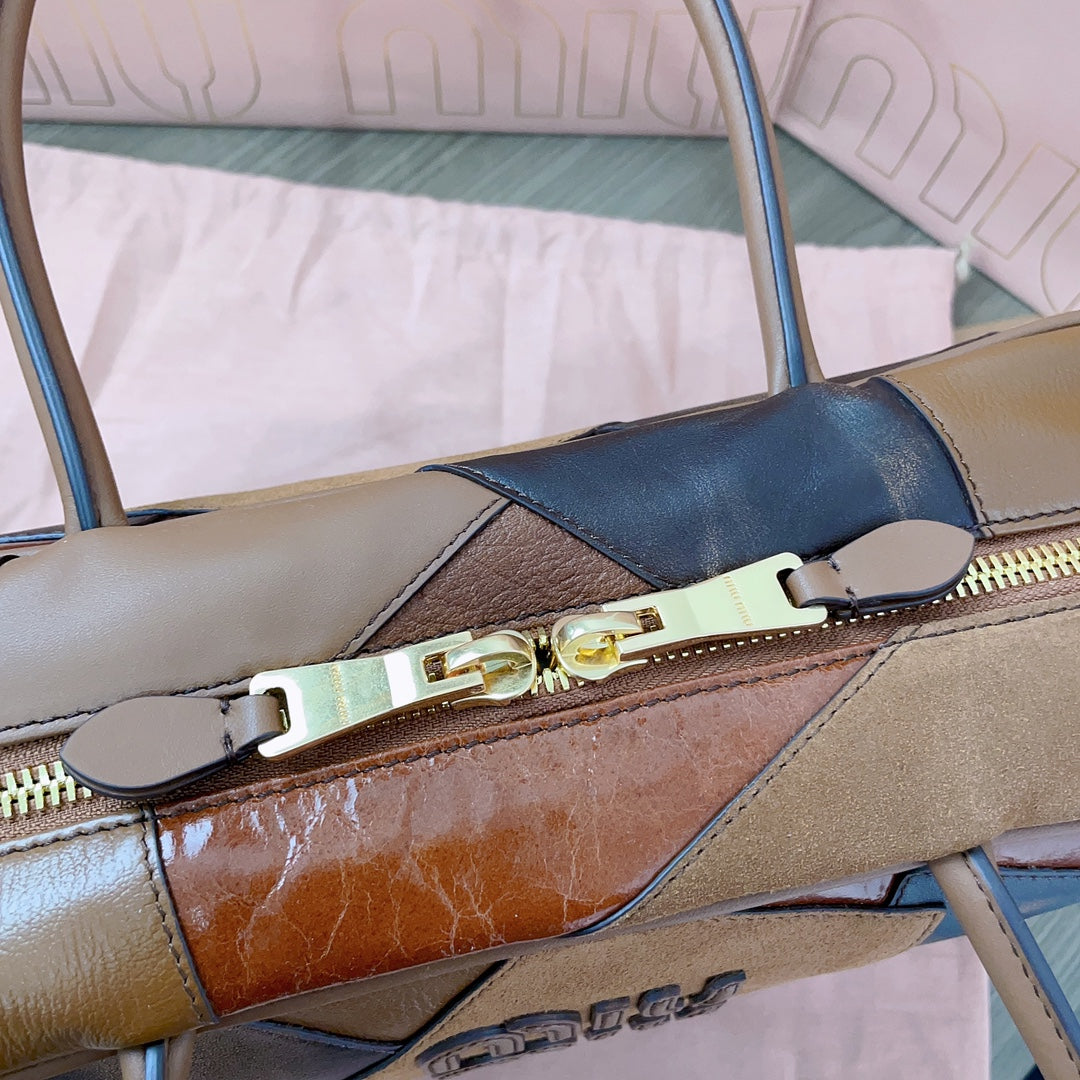 MIU MIU BEAU TOP HANDLE BAG 34 IN COGNAC LEATHER PATCHWORK