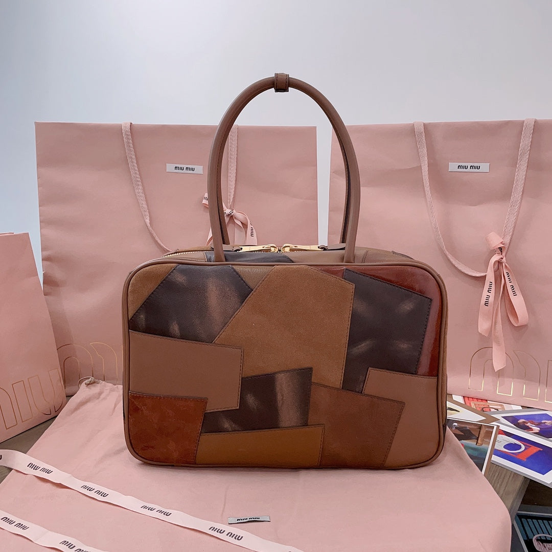 MIU MIU BEAU TOP HANDLE BAG 34 IN COGNAC LEATHER PATCHWORK
