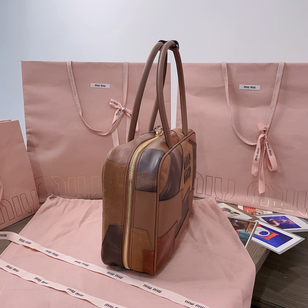 MIU MIU BEAU TOP HANDLE BAG 34 IN COGNAC LEATHER PATCHWORK