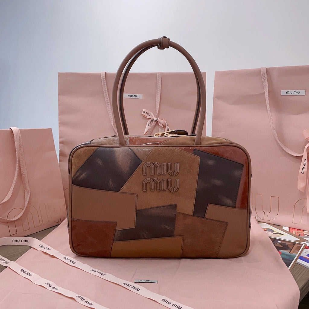 MIU MIU BEAU TOP HANDLE BAG 34 IN COGNAC LEATHER PATCHWORK