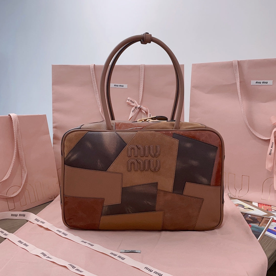 MIU MIU BEAU TOP HANDLE BAG 34 IN COGNAC LEATHER PATCHWORK
