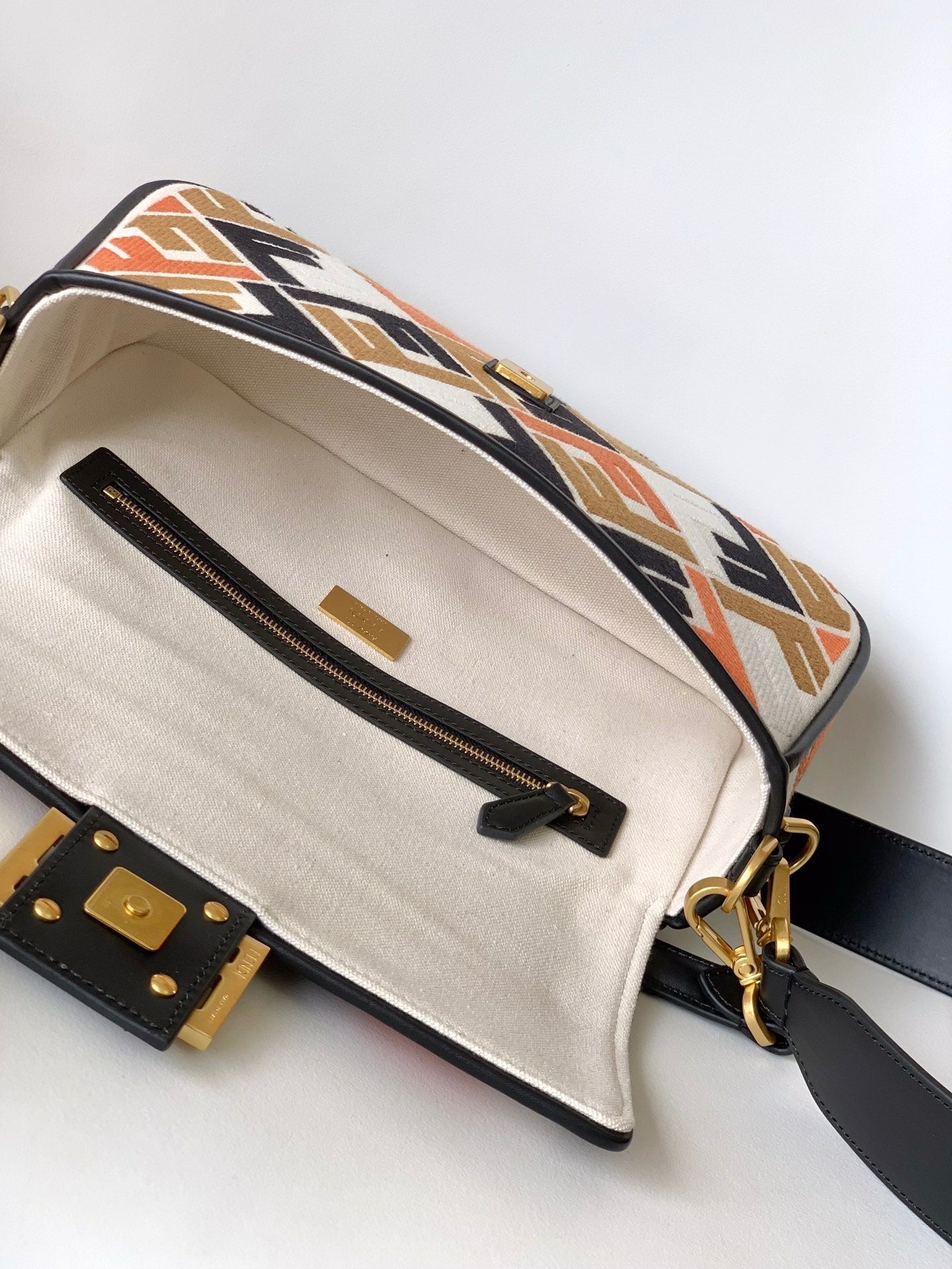 FENDI Fend Baguette Black White Brown Orange Canvas Bag 27 with FF Embroidery Ghw