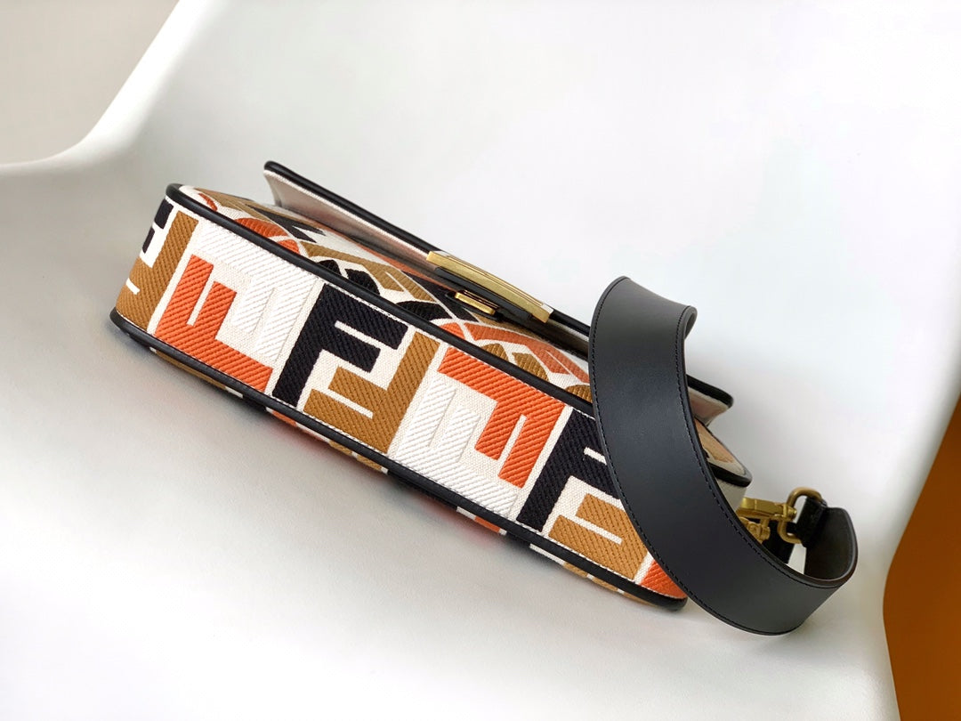 FENDI Fend Baguette Black White Brown Orange Canvas Bag 27 with FF Embroidery Ghw